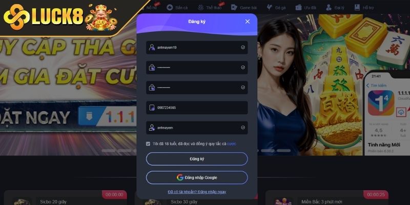 Nhập thông tin đăng ký LUCK8