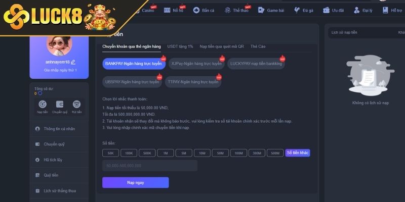 Nạp rút tiền LUCK8 qua chuyển khoản ngân hàng
